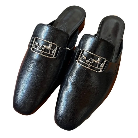 🆕HERMES Mules Flats Black Goatskin Leather Silver-Tone HW Buckle • EU 36.5 • NIB - Picture 7 of 7